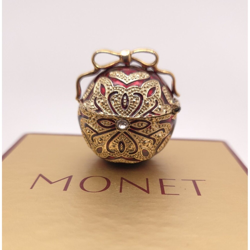Monet Red Enamel & Gold Tone Jeweled Hinged Trinket Box w/Box
